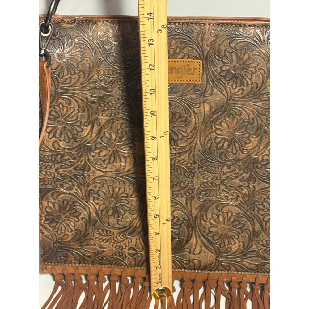Wrangler Brown Floral Embossed Western Fringe Crossbody Shoulder Bag Cowgirl - Picture 4 of 11